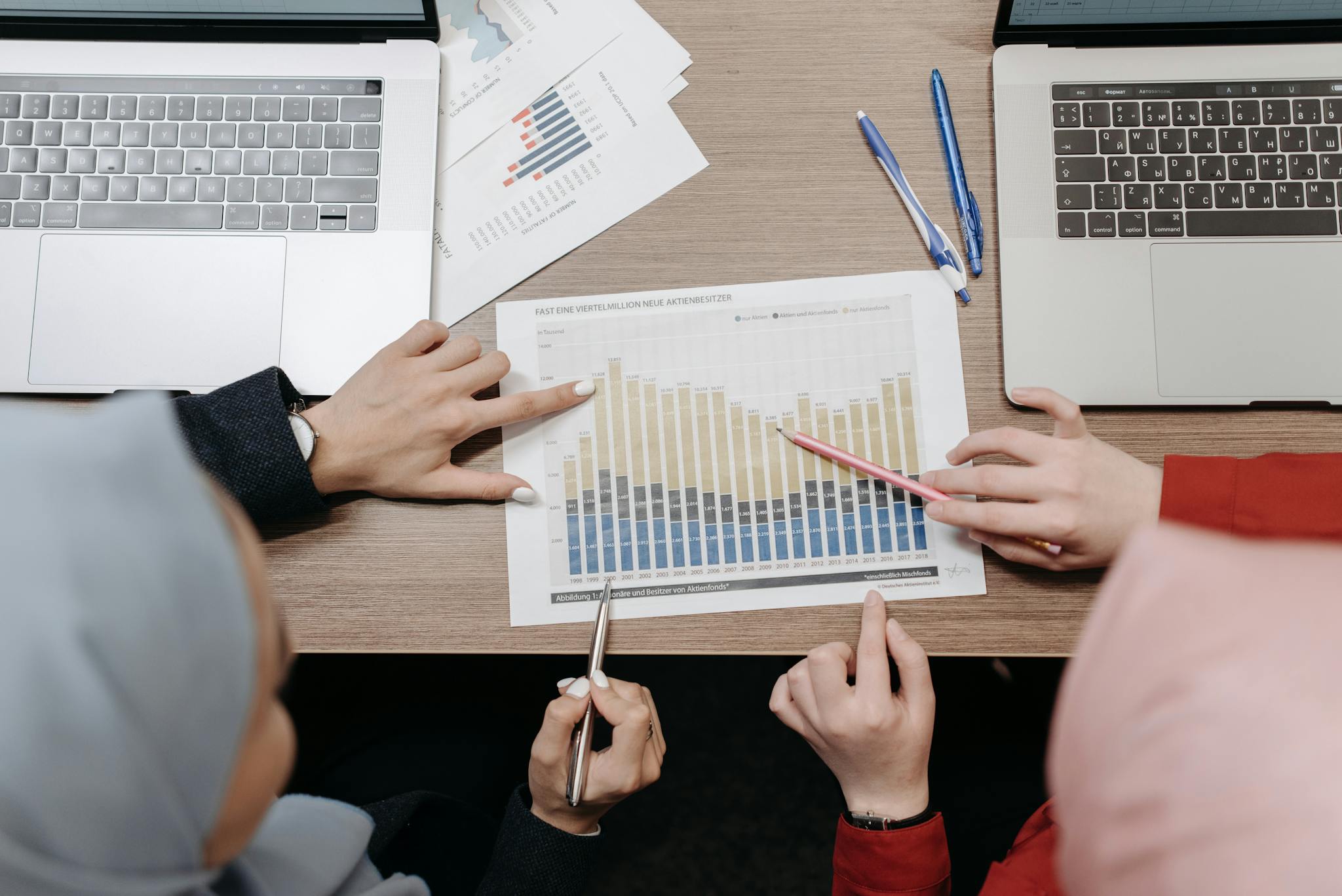 Two individuals analyze sales data and graphs on laptops at a meeting.